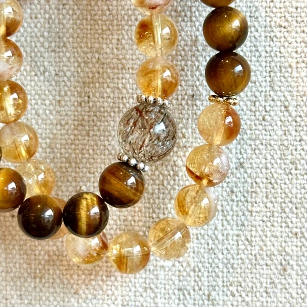 【来财】有质检天然黑金超七虎眼石黄塔晶双圈手串水晶一物一证