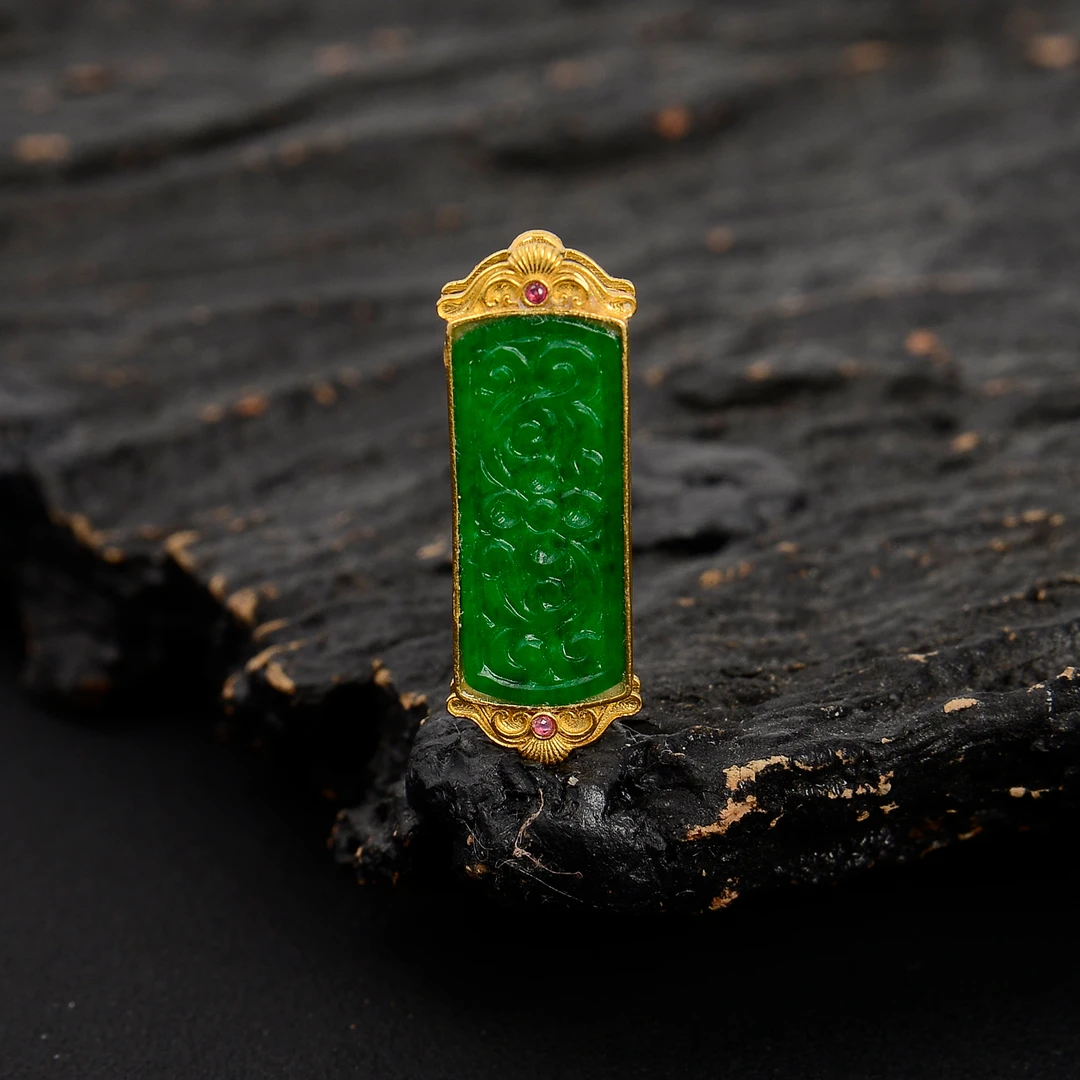 【巧儿专属】18k金翡翠满色仿古文手牌/吊坠（不含链）轻奢时尚