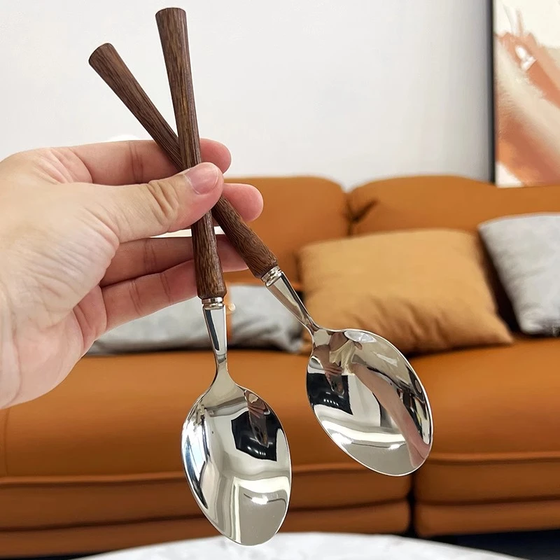 304不锈钢勺子食品级西餐勺木柄韩式家用吃饭羹长柄成人精致汤匙