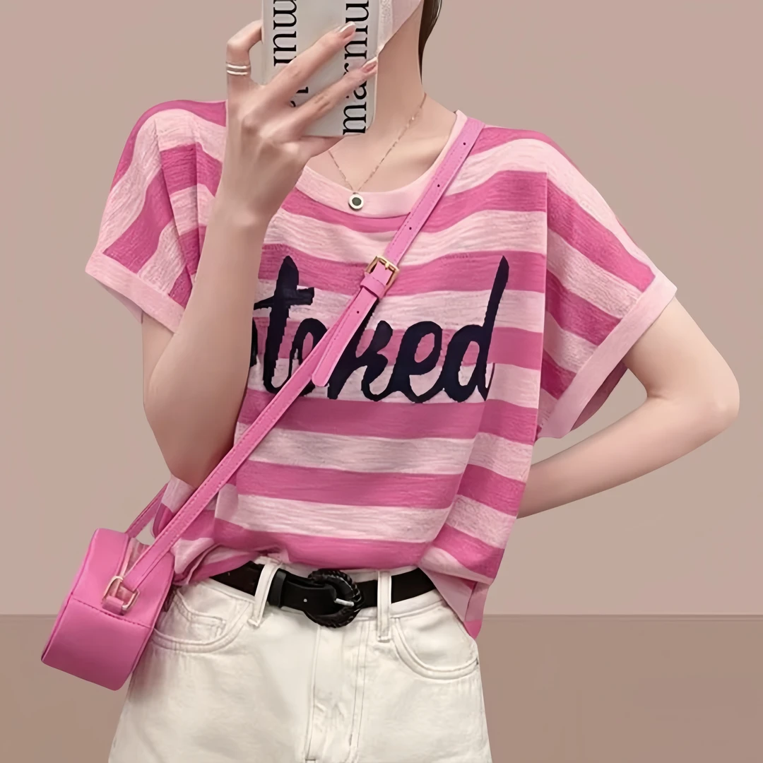 竹节棉字母印花条纹撞色短袖t恤2024年流行夏季女装洋气宽松上衣
