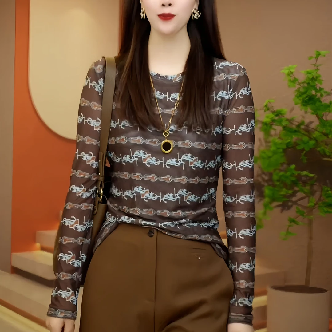 复古字母创意条纹长袖t恤女装2025秋冬季新款高贵上档次网纱上衣