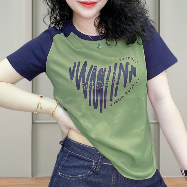 夏季新款韩版设计感拼接印花短袖T恤女宽松显瘦百搭圆领洋气上衣