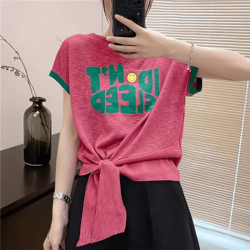 竹节棉字母印花不规则下摆遮肉上衣2024夏季新款洋气减龄短袖t恤