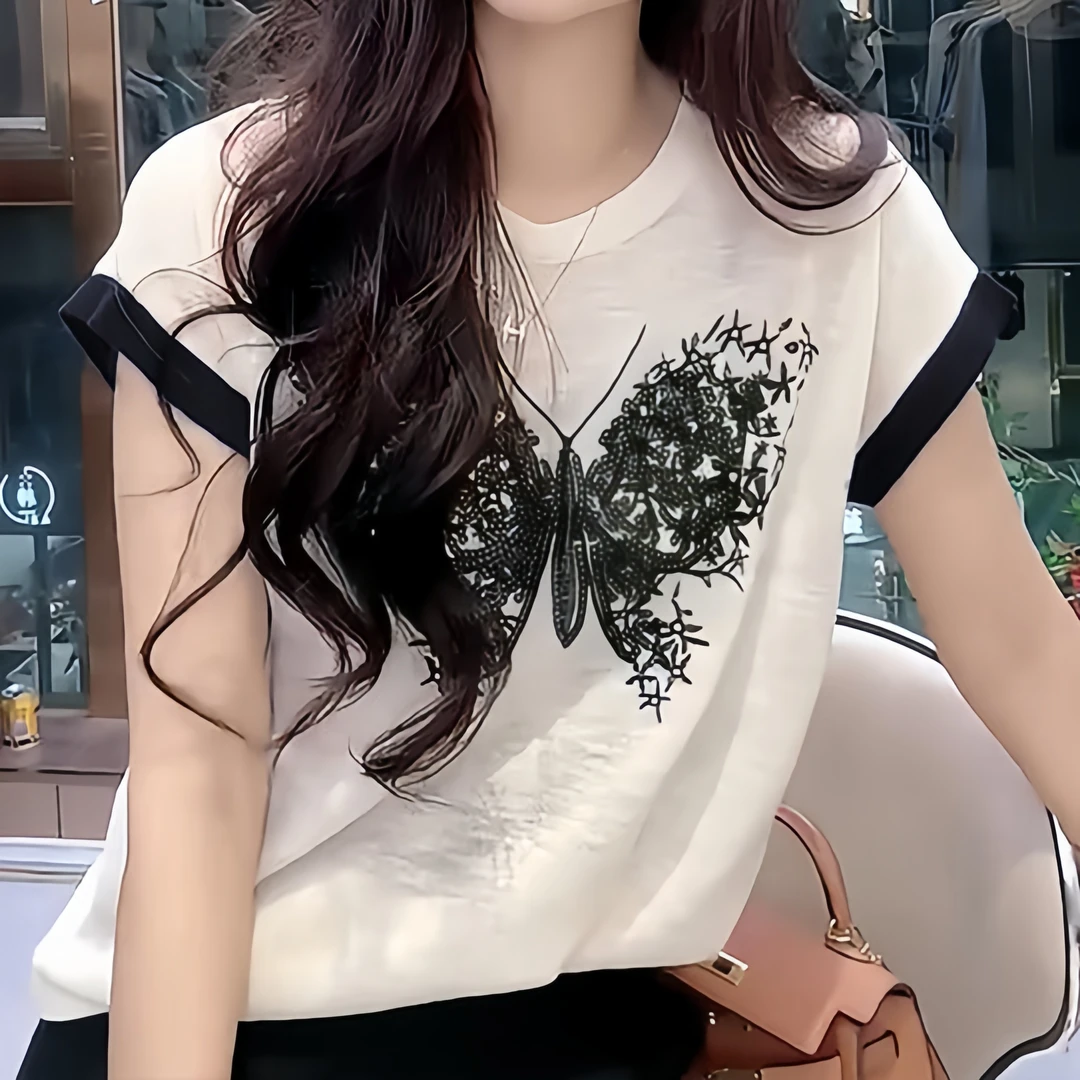 竹节棉小香风蝴蝶印花拼接短袖t恤网红爆款女装漂亮别致小衫上衣