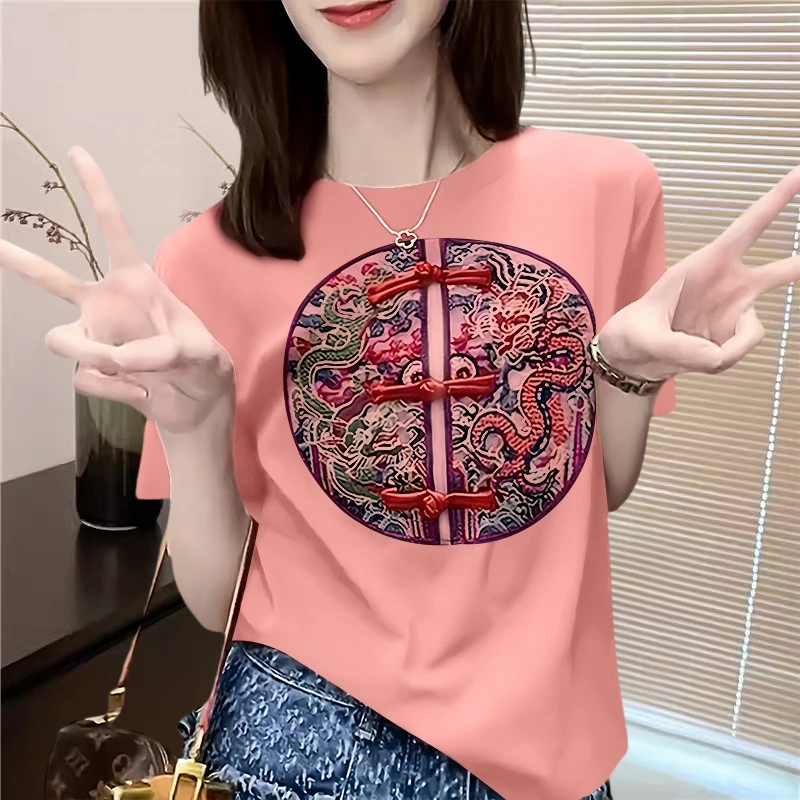 盘扣重工国风刺绣短袖女2025春秋季新款洋气新中式广州T恤上衣服
