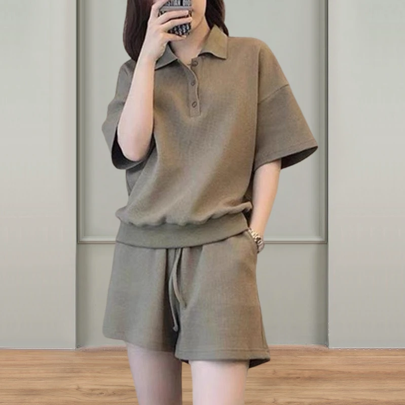 棉polo领纯色休闲运动套装女夏季新款洋气减龄简约时尚短袖+短裤