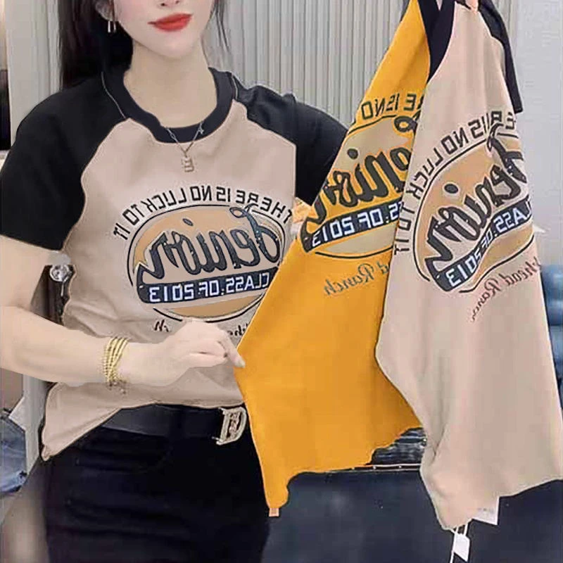 纯棉微胖mm显瘦夏装插肩袖拼接撞色圆领印花短袖T恤宽松显瘦上衣