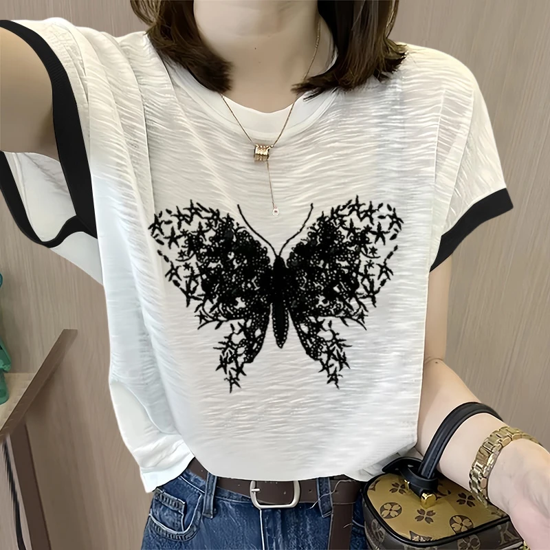 竹节棉港风胖MM显瘦正肩t恤女装2024网红小衫独特漂亮减龄款上衣