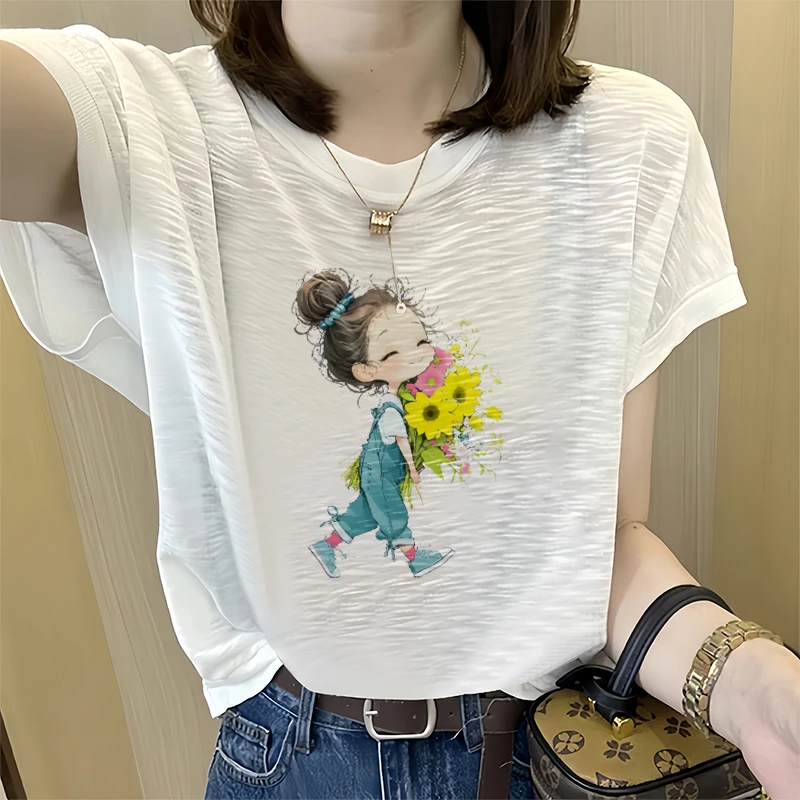 竹节棉韩版卡通人物印花短袖t恤女装2025夏季新款矮个子150上衣服