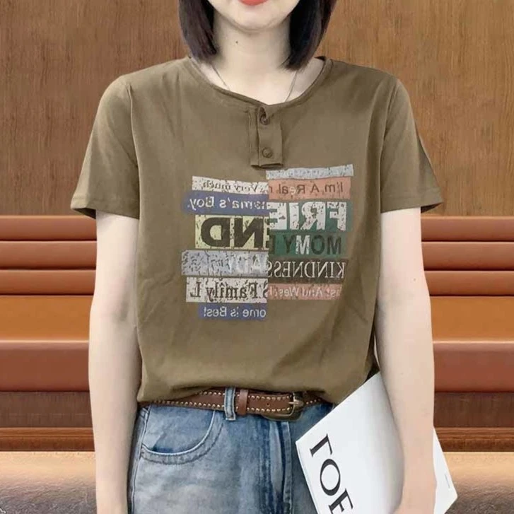 设计感休闲妈妈装洋气减龄纽扣T恤女夏季新款韩版宽松显瘦上衣潮