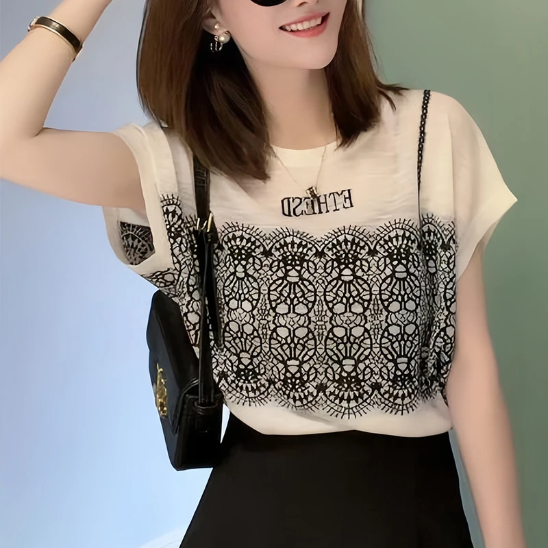 韩版小众圆领短袖t恤女装2025春秋季新款洋气中年妈妈设计感上衣