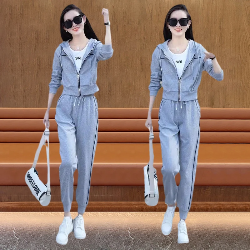 华棉时尚显瘦气质运动套装女2025新款洋气小个子休闲高档连帽外套