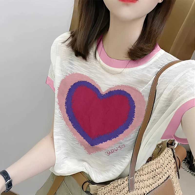 竹节棉洋气减龄爱心撞色短袖t恤女2024夏季新款小众休闲百搭上衣