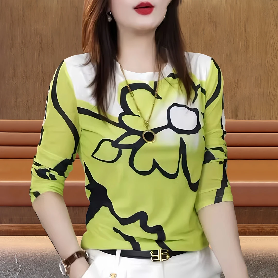 秋季新款韩版女欧货花朵印花网纱长袖印花网纱长袖T恤早秋穿搭