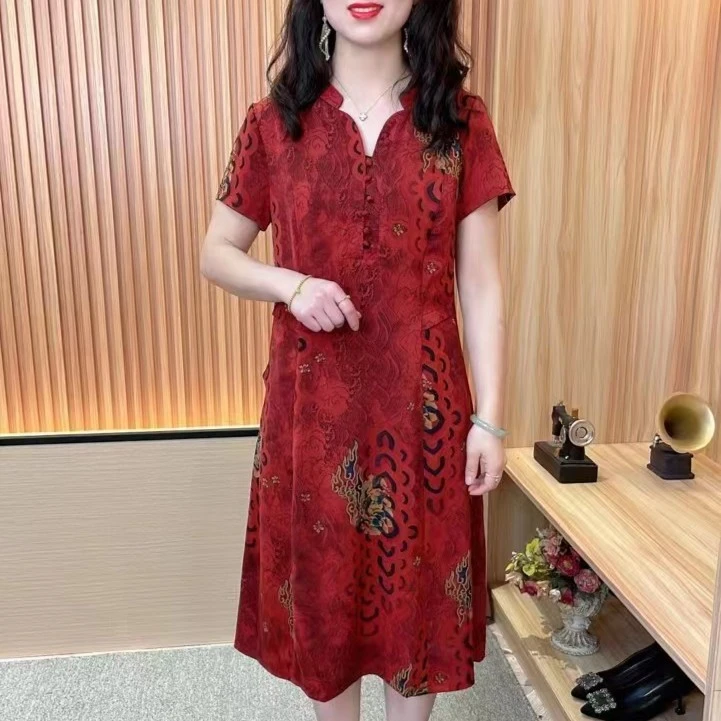 2023新款夏妈妈装时尚洋气复古花色盘扣连衣裙夏季裙子51款