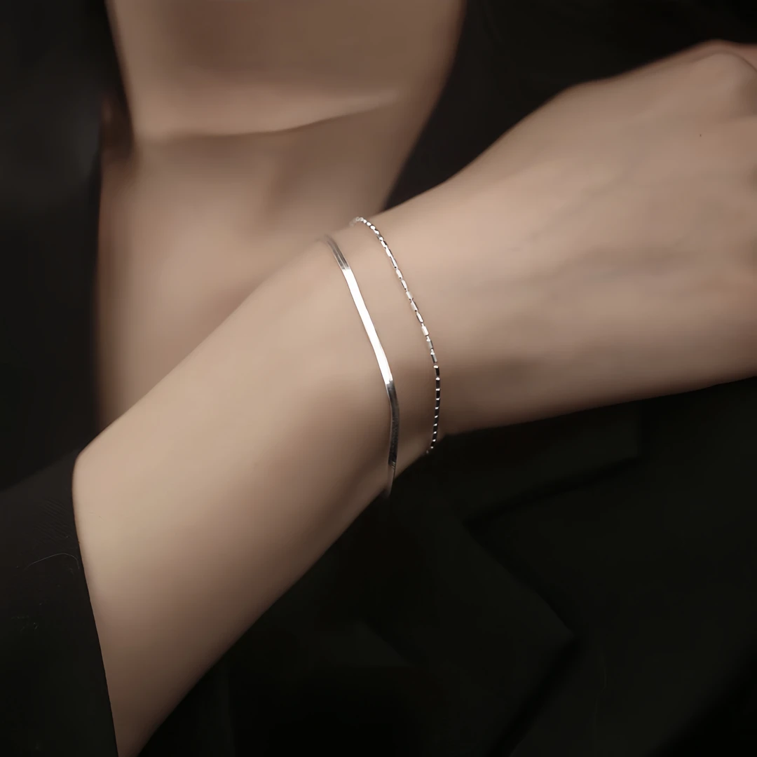 铜合金手链 扁蛇骨链米粒双层手链女小众设计感时尚ins风气质手饰