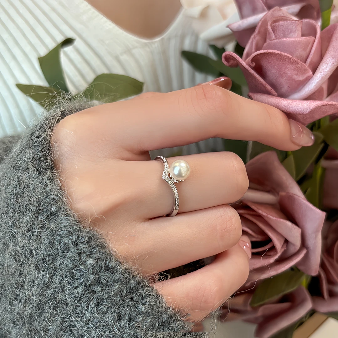 钛钢戒指 V形珠珠戒指女轻奢小众高级感时尚冷淡风开口可调节戒指