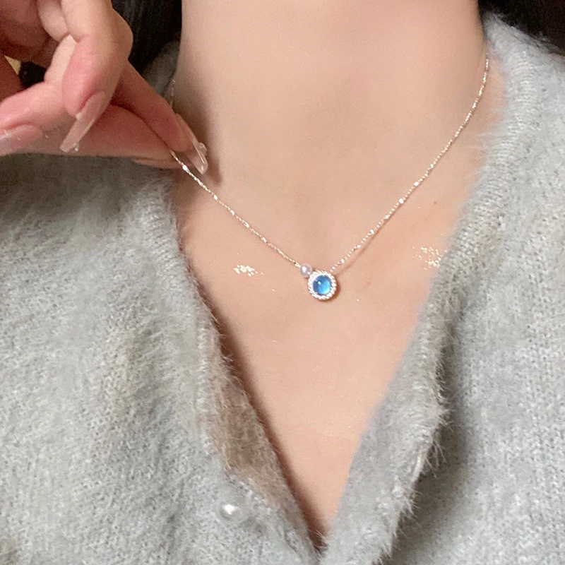 钛钢合成锆石项链 珠珠2024新款女海蓝高级感轻奢时尚小众锁骨链
