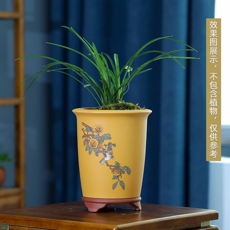 精工高端清水泥粉段泥手绘柿柿如意兰花盆