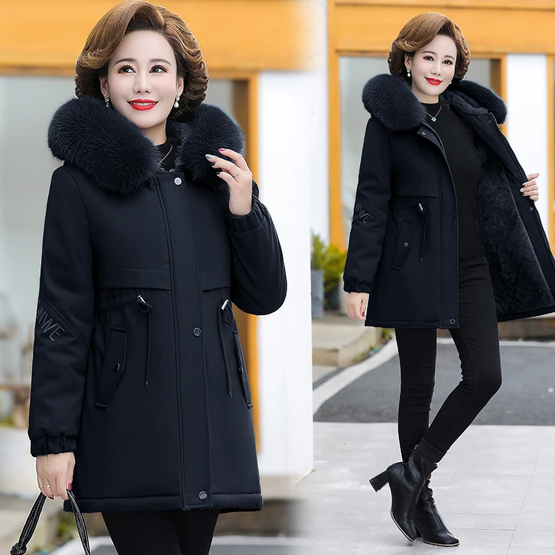 中年妈妈冬装加绒加厚保暖棉衣中老年女装洋气派克服外套气质长款