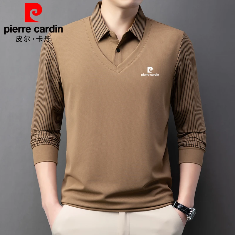 皮尔卡丹春秋新款中年男士长袖假两件T恤打底衫时尚爸爸装POLO衫
