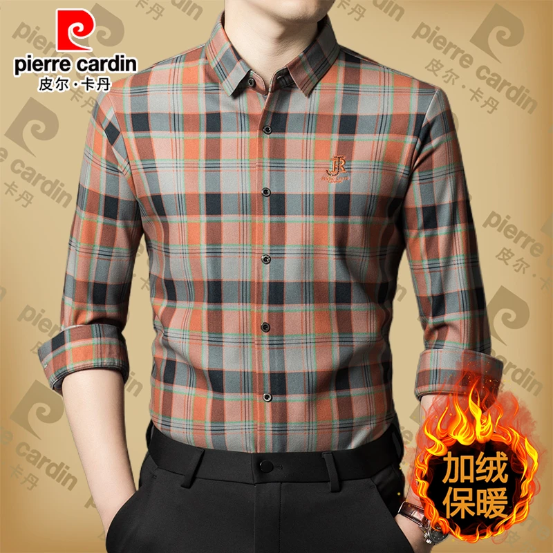 皮尔卡丹新款冬季男士加绒加厚长袖格子衬衫刺绣休闲韩版时尚衬衣