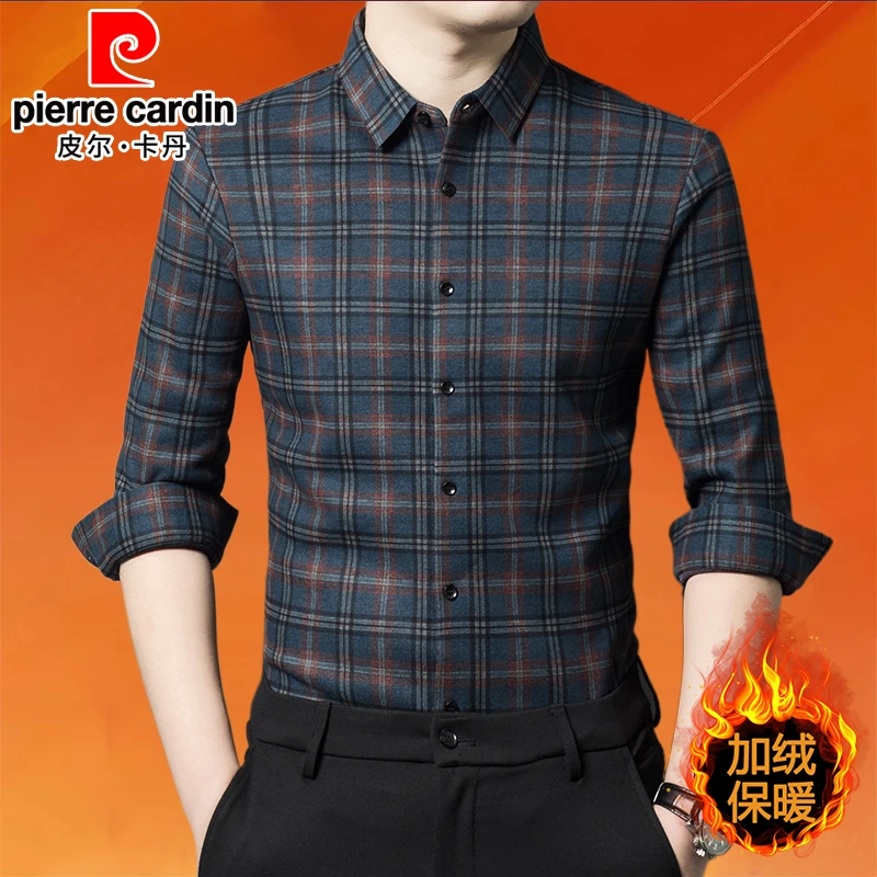 皮尔卡丹加绒加厚绵羊毛衬衫男长袖中年爸爸冬季商务保暖羊毛衬衣