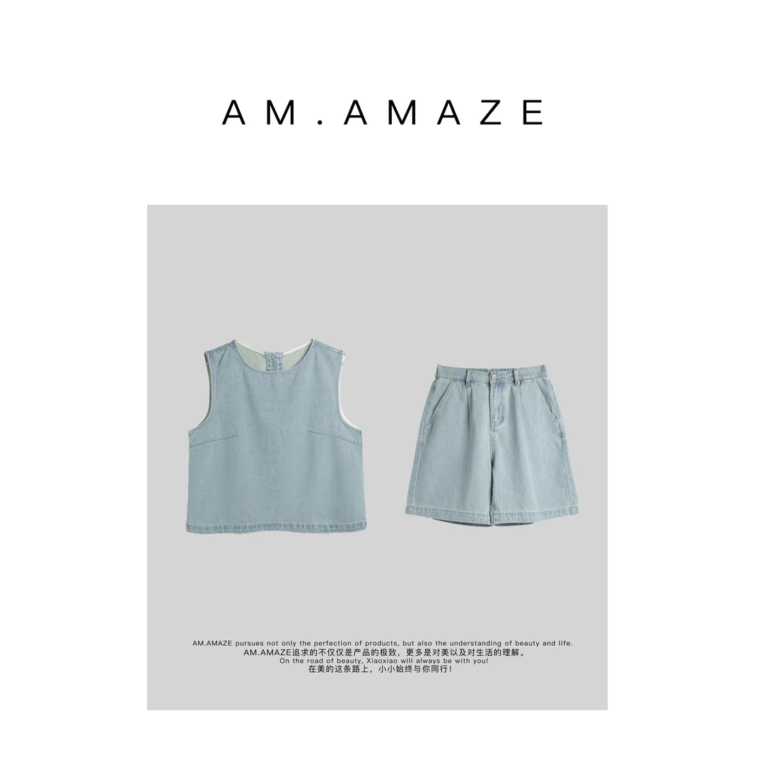 AM.AMAZE 夏季休闲牛仔套装水洗牛仔纯色无袖薄款休闲装 23X80797