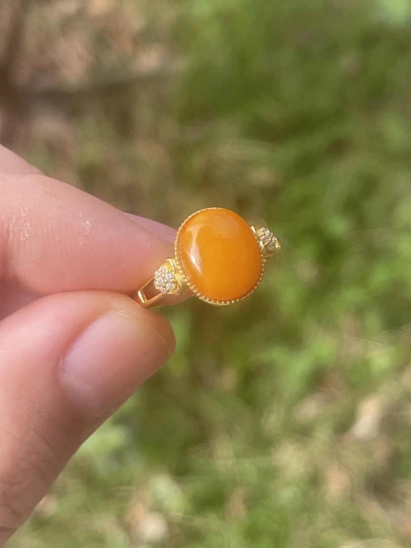 天然银镶镀金蜜蜡戒指