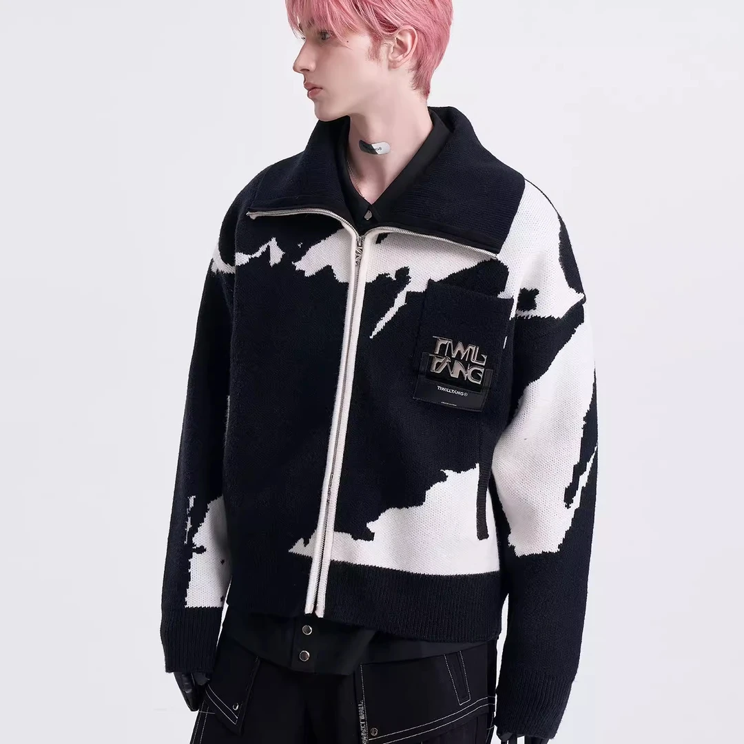 TIWILLTANG启世录“墨影翀瀠”明星同款墨迹提花针织开衫