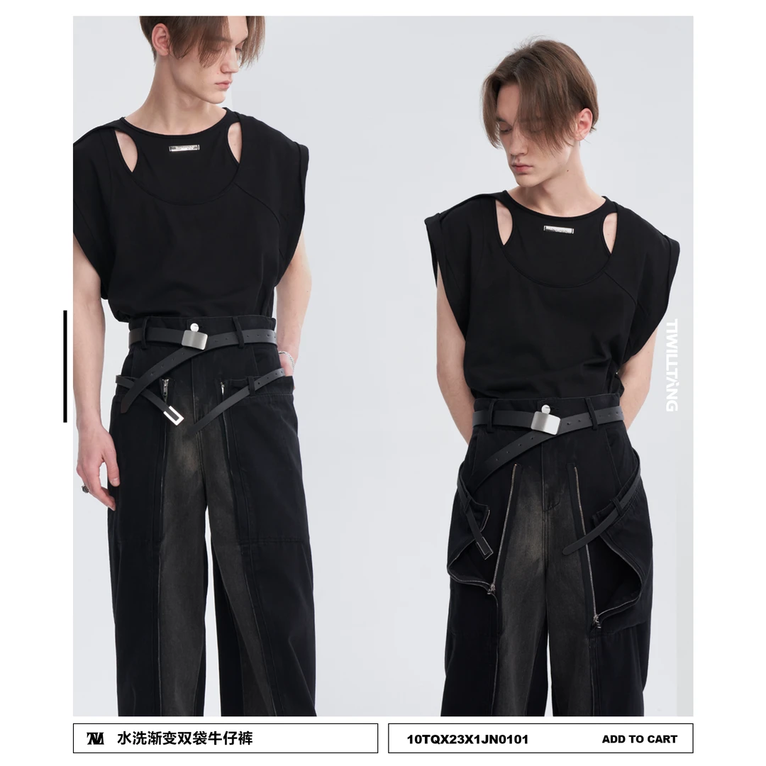TIWILLTANG启世录“黑蓁”复古水洗渐变双袋牛仔裤夏休闲直筒裤男