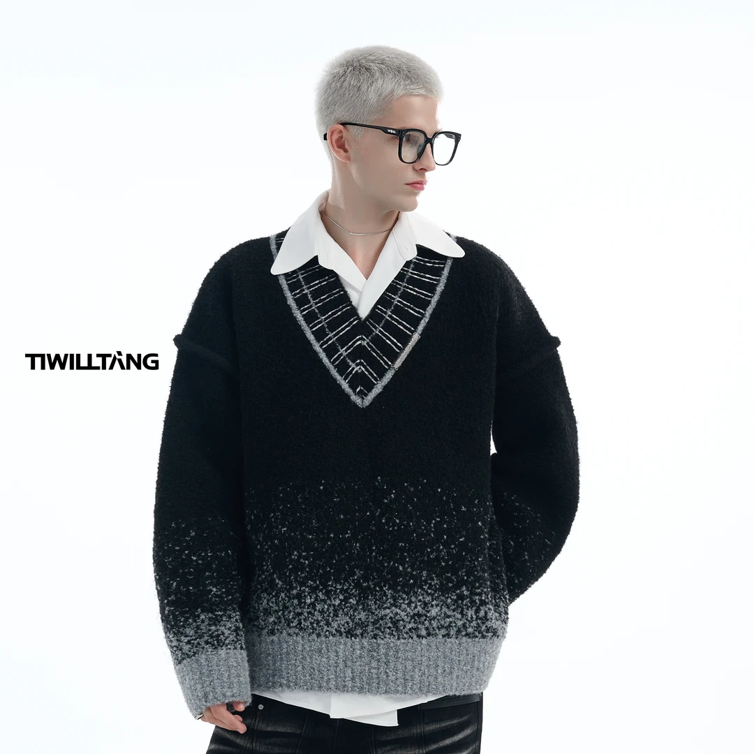 TIWILLTANG启世录“曳月霜雪”魏哲鸣同款针织宝剑V领廓形毛衣秋冬