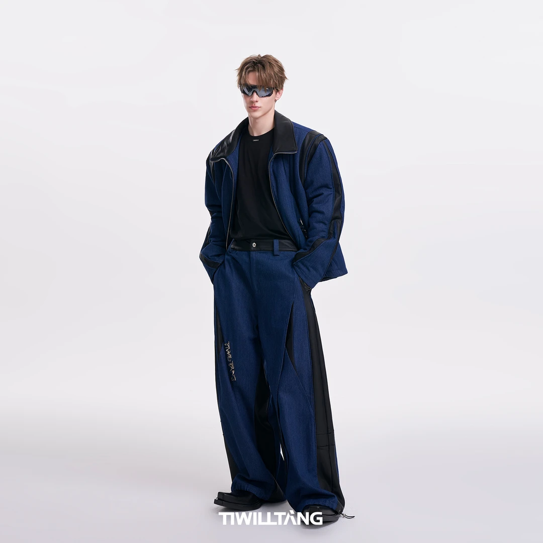 TIWIILLTANG启世录“割域链影”明星同款牛仔拼皮夹棉夹克