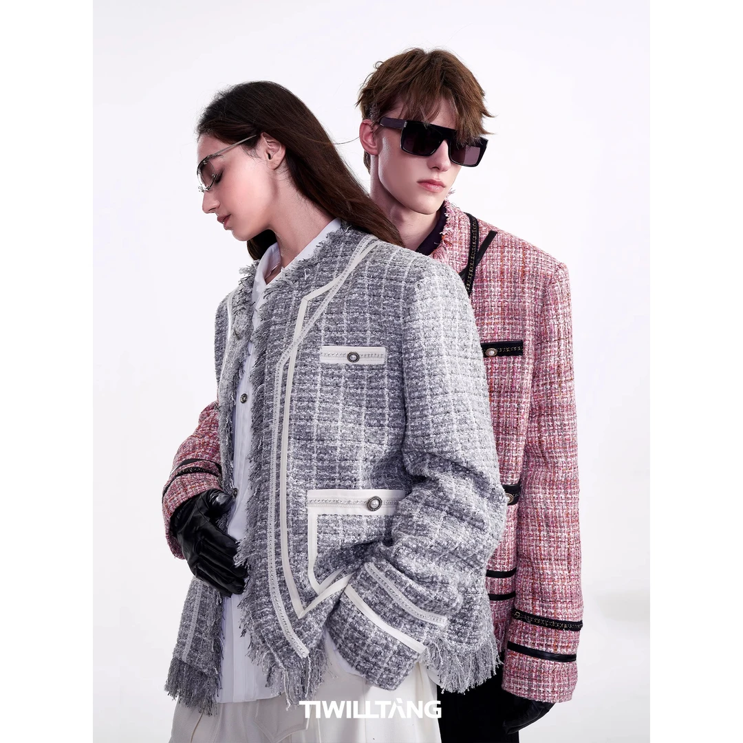 TIWLLTANG启世录“珠纱尽起”明星同款珍珠手缝链条小香风无领西装