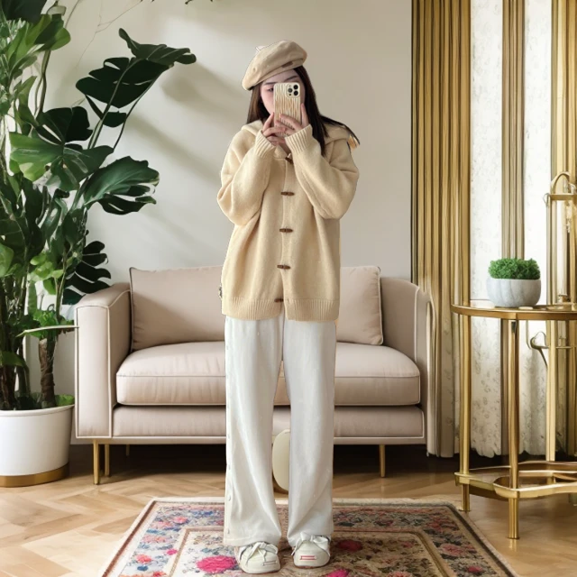 林魅魅设计感侧排扣针织显瘦阔腿裤时尚百搭宽松春秋款休闲