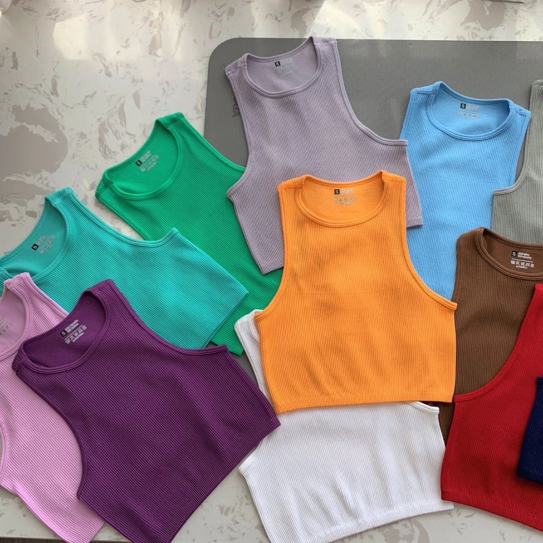 搭配推荐多色高弹力无缝健身无袖高腰显瘦露脐运动上衣瑜伽背心女