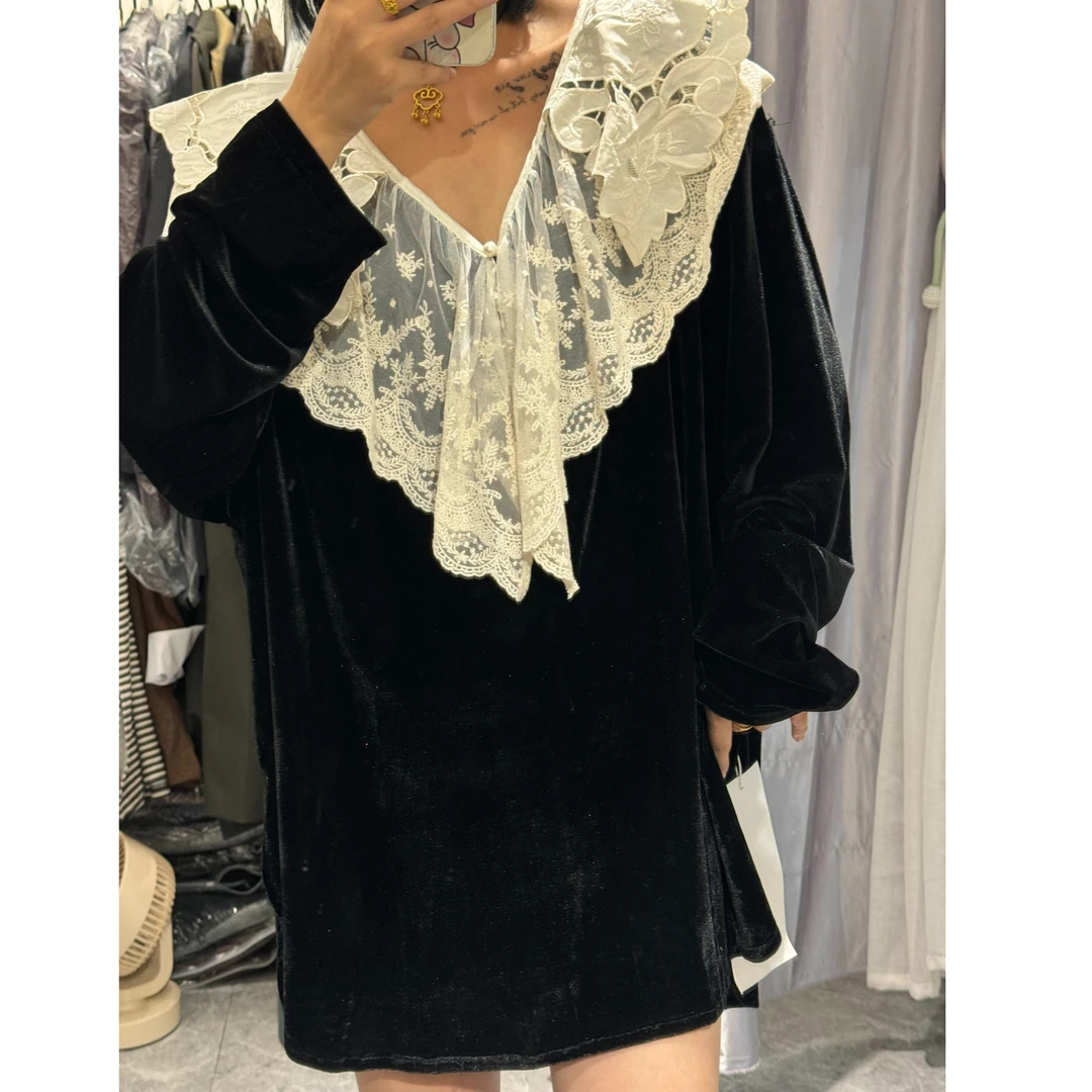 秋冬金丝绒连衣裙蕾丝网红