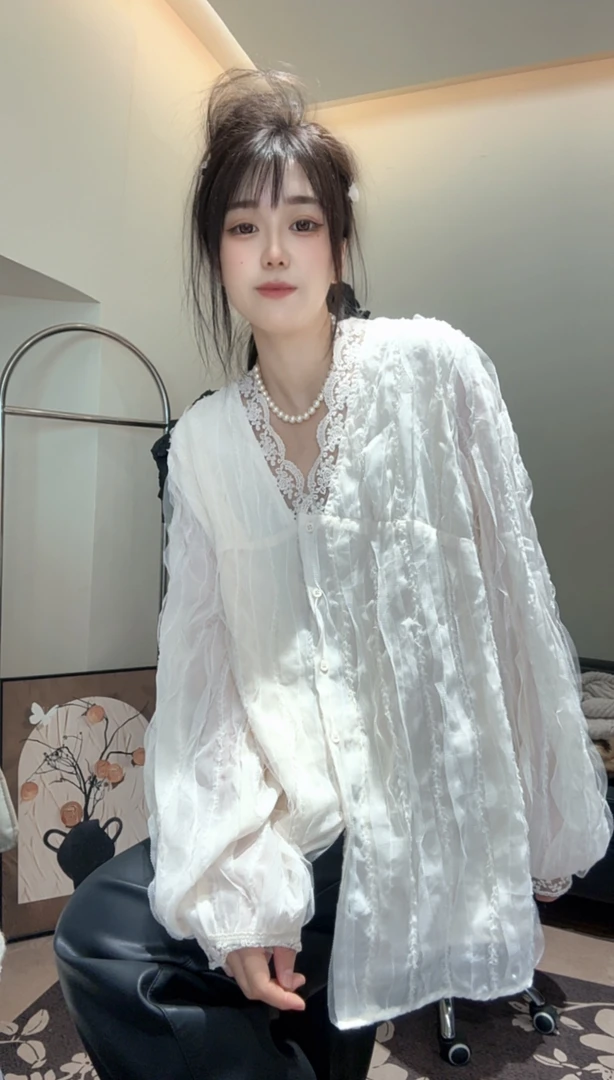 新款蕾丝拼接花边衬衣慵懒中长款宽松233