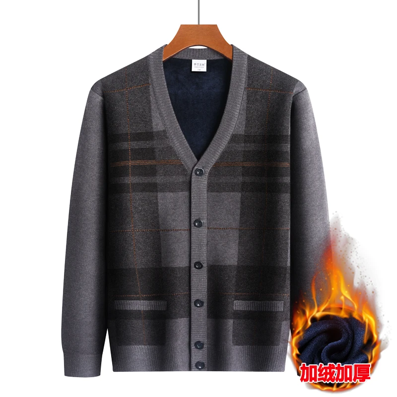 男士开衫男装中老年爸爸加绒加厚休闲中年宽松毛呢老年人格子外套