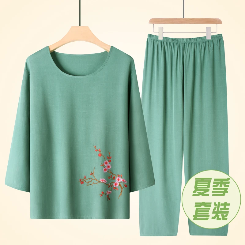 睡衣女款爆款新款套装春秋家居服夏天棉绸休闲妈妈夏季女士绵绸