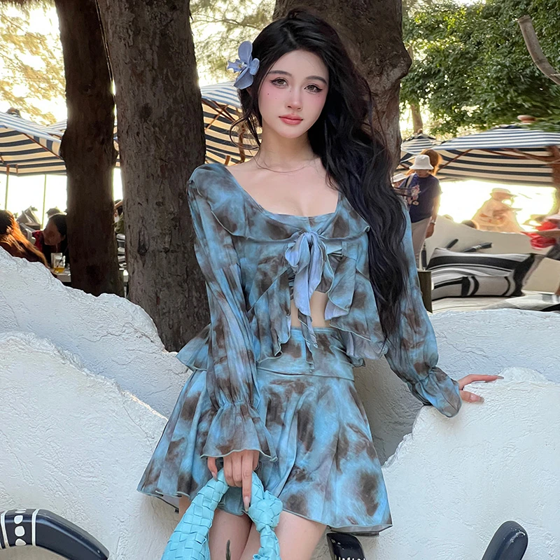 【海月光】保守大码显瘦氛围感大小胸聚拢遮肚长袖泡温泉泳衣女度假