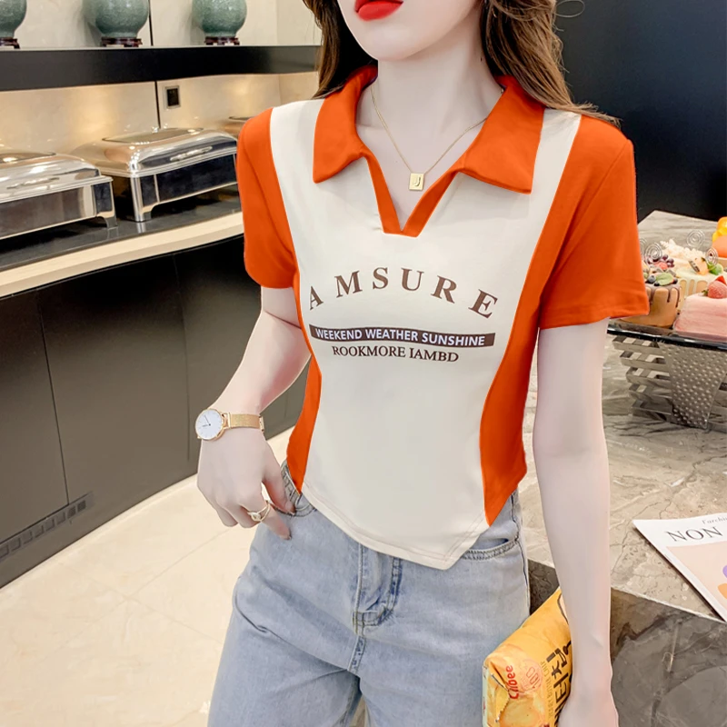 不规则短袖t恤女2025新款夏季流行爆款洋气独特别致撞色短款上衣