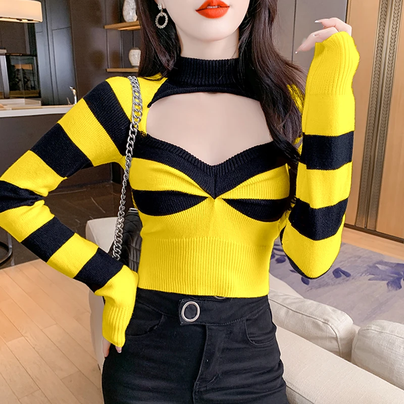 打底衫女秋冬2025年新款时髦性感修身短款长袖镂空拼色针织衫上衣