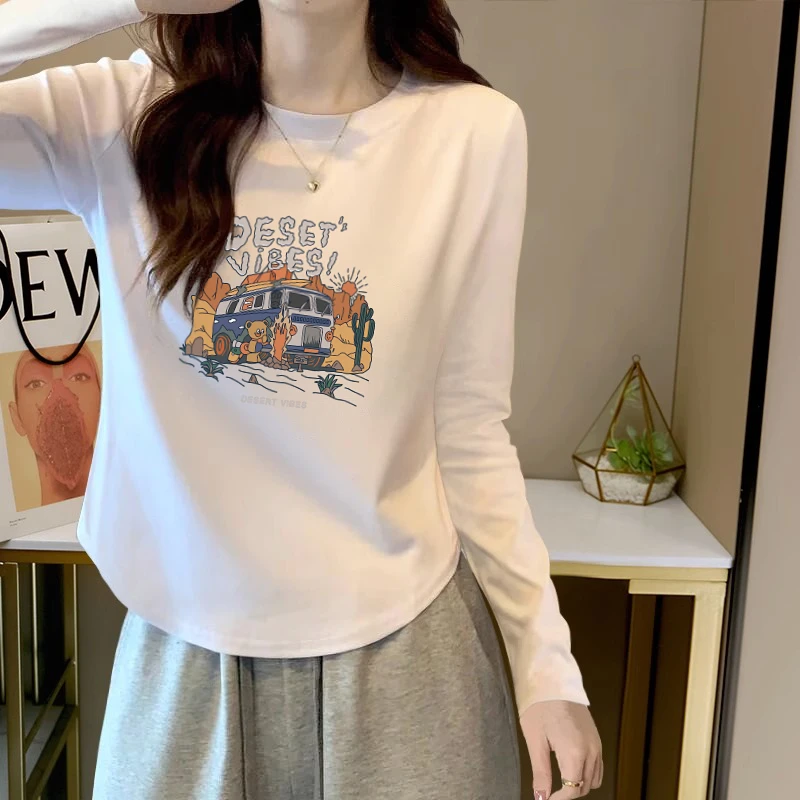 正肩白色长袖T恤女春秋季圆领不规则弧形下摆内搭打底衫短款上衣