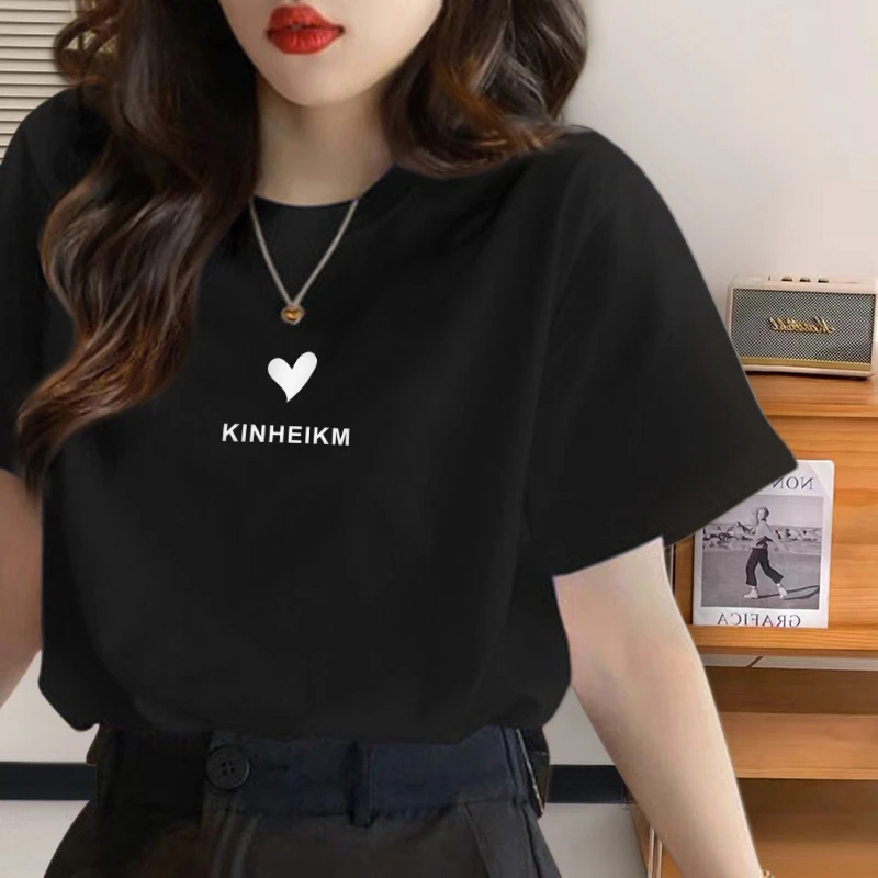 黑色t恤女短袖圆领2025年夏季新款洋气小衫宽松大码半袖体恤上衣