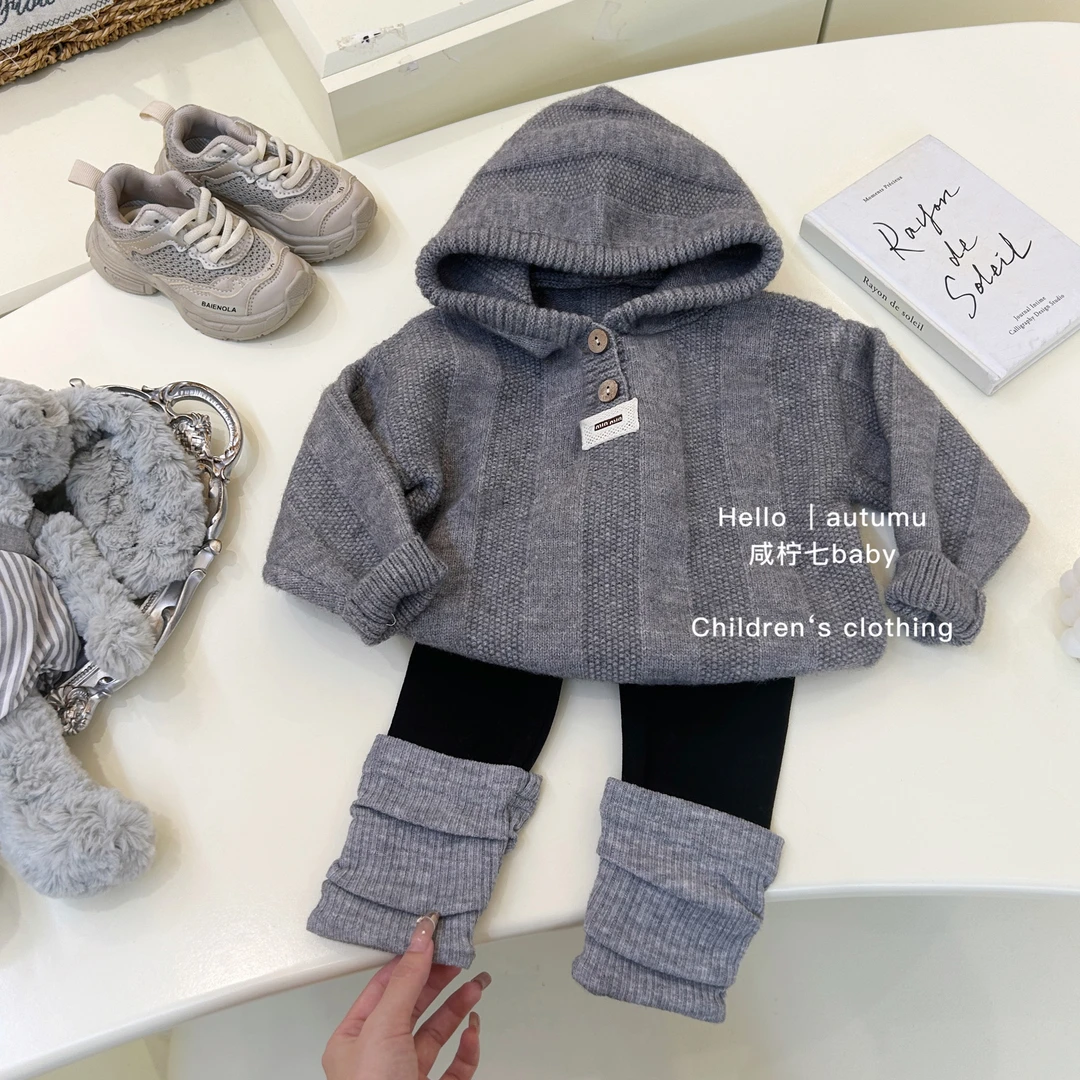 咸柠七女童针织毛衣洋气纯色秋季新款儿童毛衣连帽洋气韩版针织衫