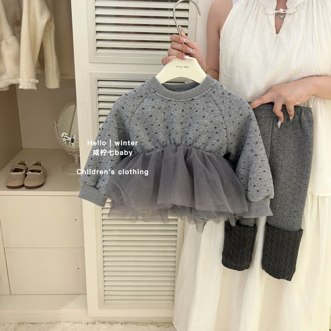 【现】秋冬新款童装韩版儿童抓绒长款卫衣女童加厚网纱拼接卫衣裙