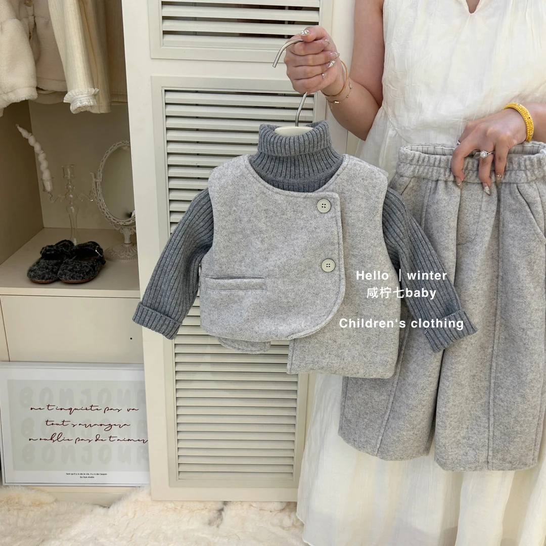 【现】韩系女童马甲阔腿裤两件套2024秋冬新款儿童呢子套装潮