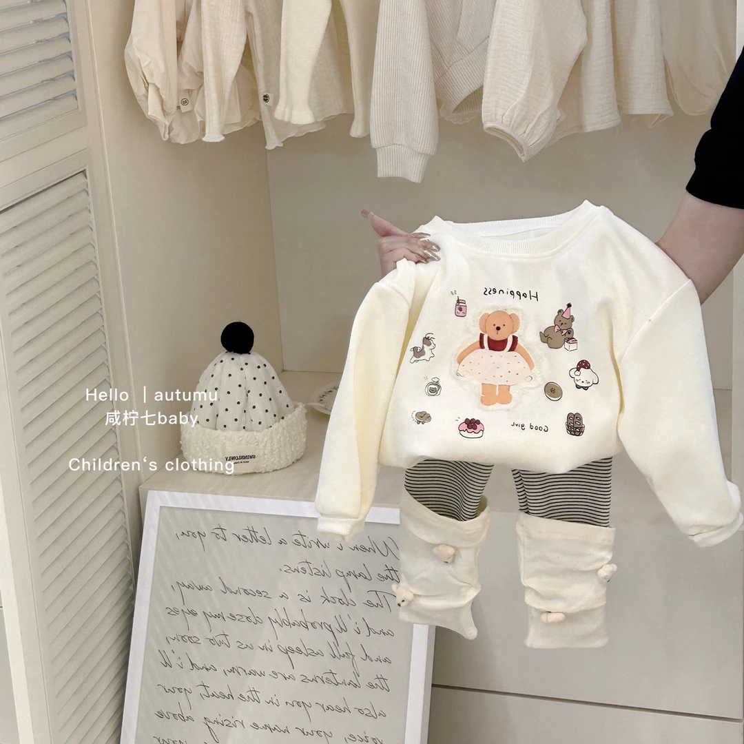 【现】2024秋季韩版洋气套装卡通小熊套头上衣长裤可爱休闲两件套