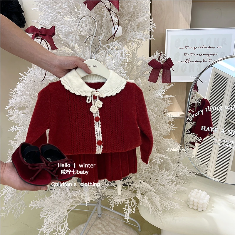 咸柠七女童小香风套装秋冬新年女童装时髦洋气红色拜年服儿童秋装